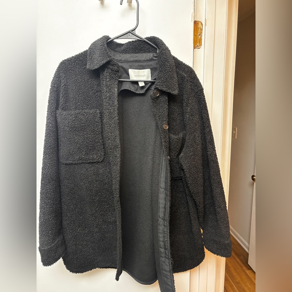 EcoThreads Black Teddy Fleece Jacket Women’s Medium Oversized Sherpa Coat Cozy
